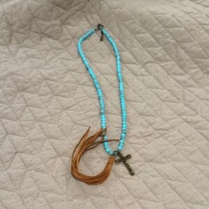 Turquoise Beaded Necklace with Cross Pendant